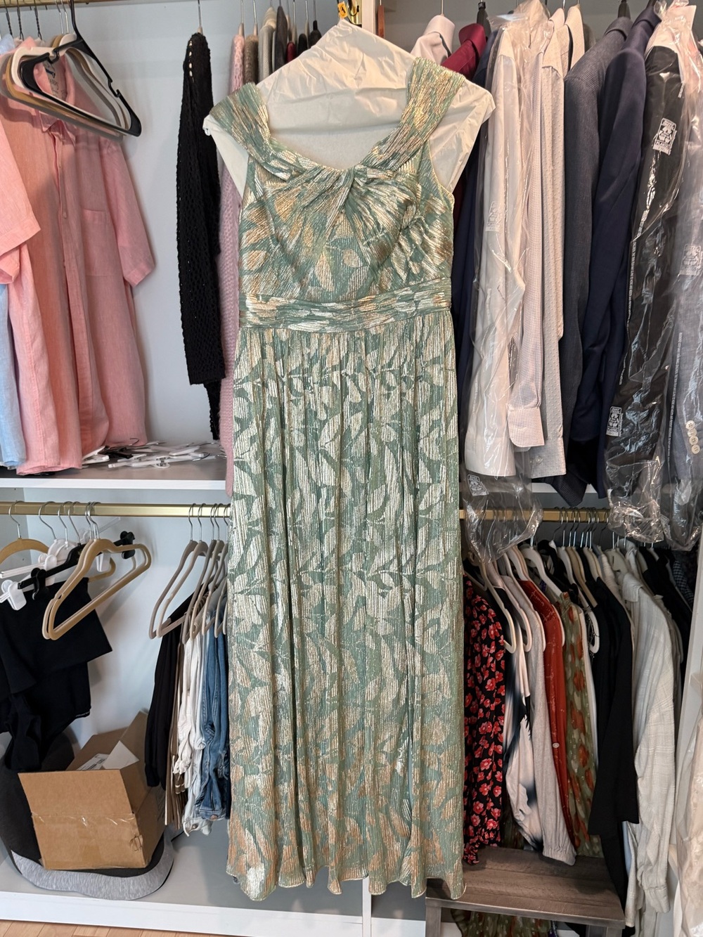 Adrianna Papell Mint Green Metallic Leaf-Print Maxi Dress